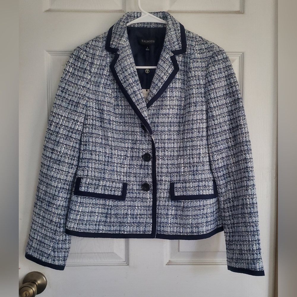 Talbots Navy Trimmed White & Navy Tweed Blazer, Size 2 NWT